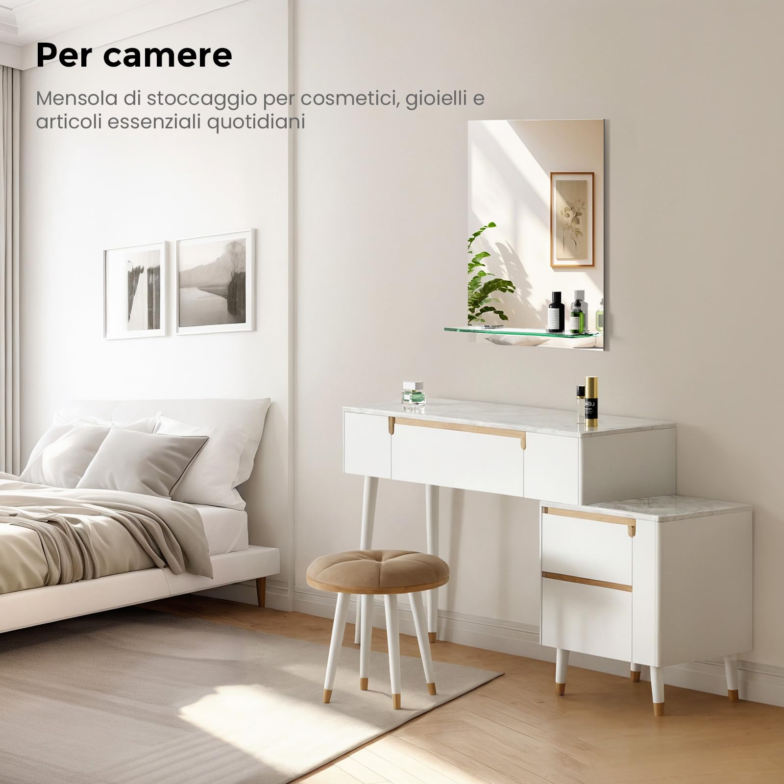S'AFIELINA Specchio da bagno con ripiano 45x60 cm, specchio da parete con ripiano, Adatto a bagni, soggiorni, residenze studentesche, case per ospiti, ecc