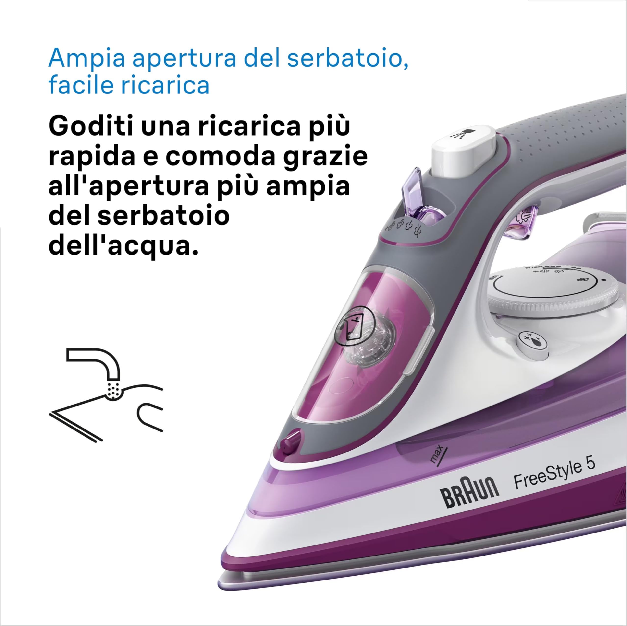 Braun TexStyle 5 SI5037VI, Ferro da Stiro con Piastra FreeGlide 3D SuperCeramic, Punta di Precisione, Manico Aperto Ergonomico, Ricarica 300ml, Efficienza Energetica, Sistema Antigoccia, 2700W, Viola