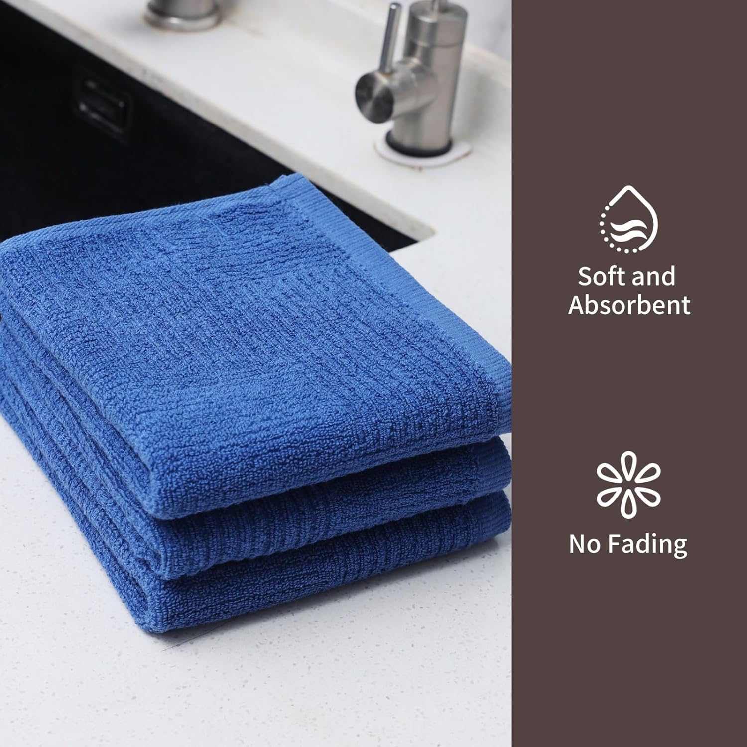 Glynniss Dish Towels for Kitchen, Absorbent Cotton Kitchen Towels for Drying Dishes, Terry Tea Towels for Cleaning Set of 3 (Blue, 16x26) - Image 3
