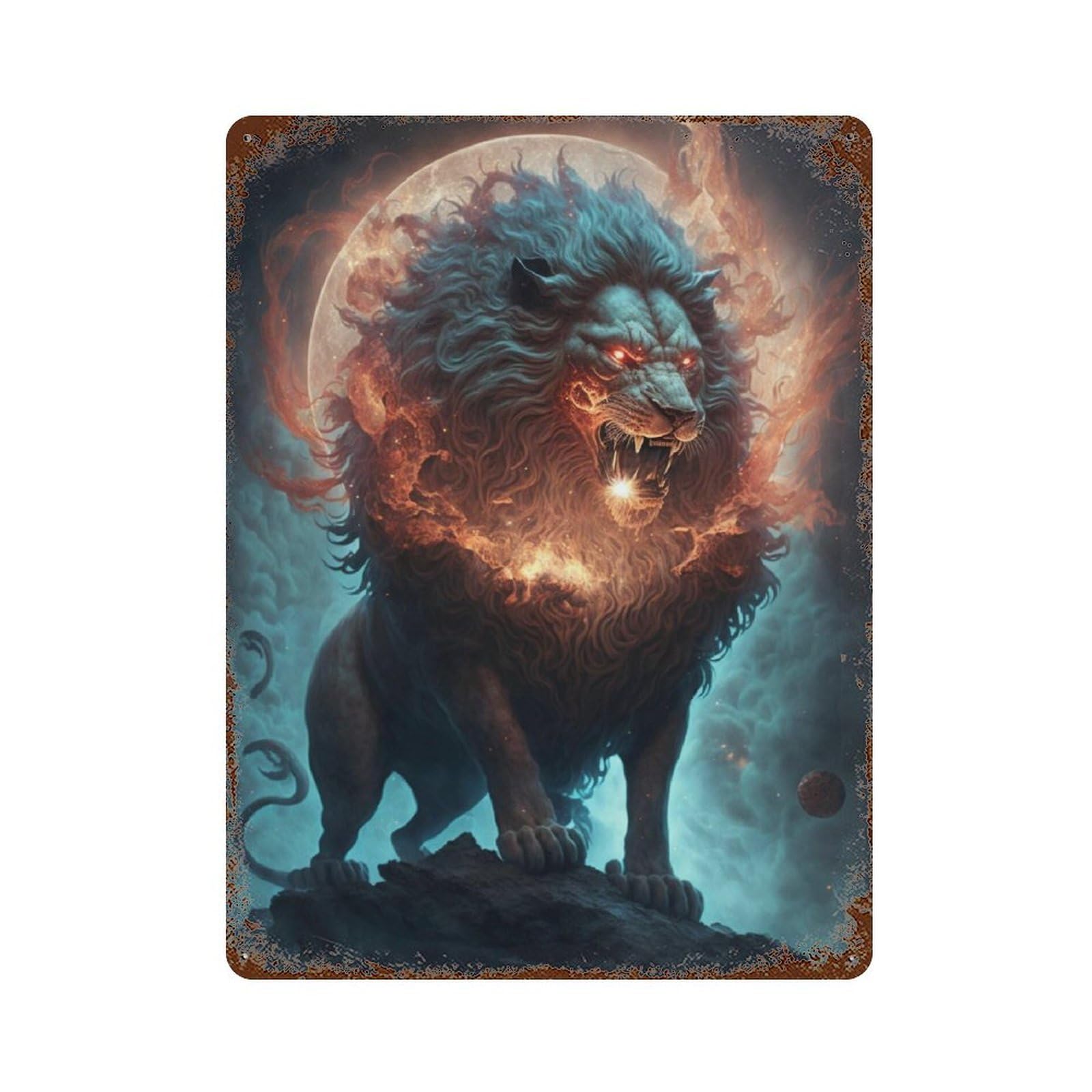 Flaming Lion Art Print -4 Rustic Tin Plaque 15.7"x11.8", Novelty Wall Decor for Garage, Pub Or Kitchen