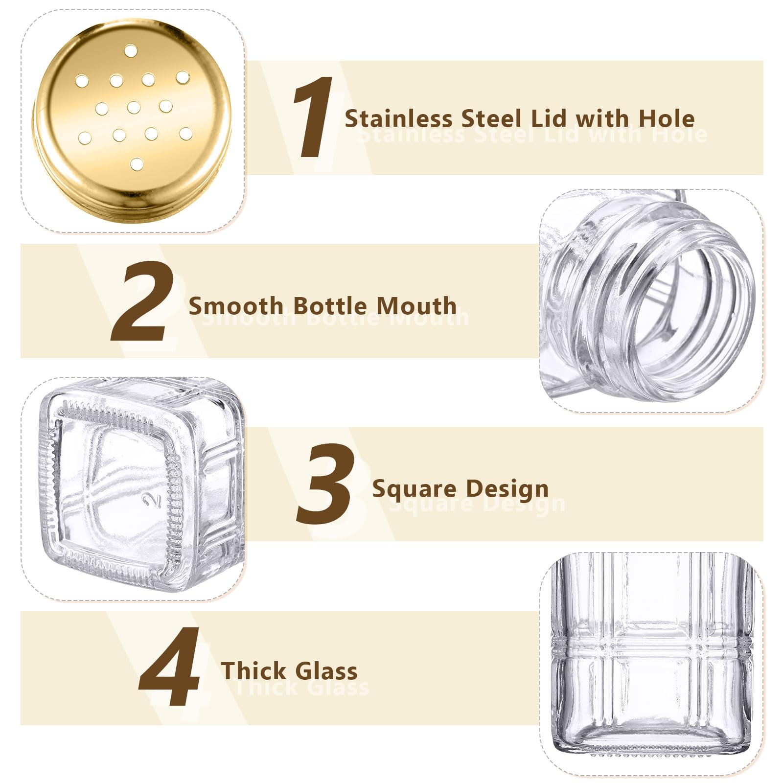 Bokon Salzstreuer aus Glas mit Edelstahldeckel, 76,5 ml, kleiner Gewürzstreuer für Küche, Restaurants und Catering, Hochzeit, Partyzubehör (Gold, flaches Gitter), 48 Stück