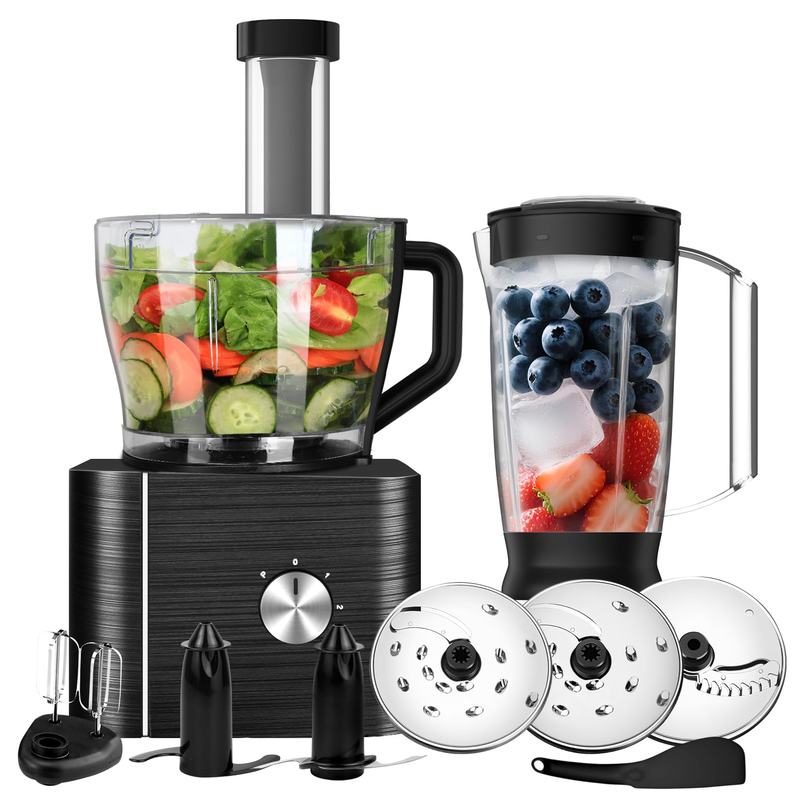 Robot da Cucina Multifunzione, TopStrong 1100W Food Processor con Frullatore, Tagliare, Affettare, Montare e Tritare Ghiaccio, Ciotola 3.2L + Blender 1.5L, 3 velocità Impostazione