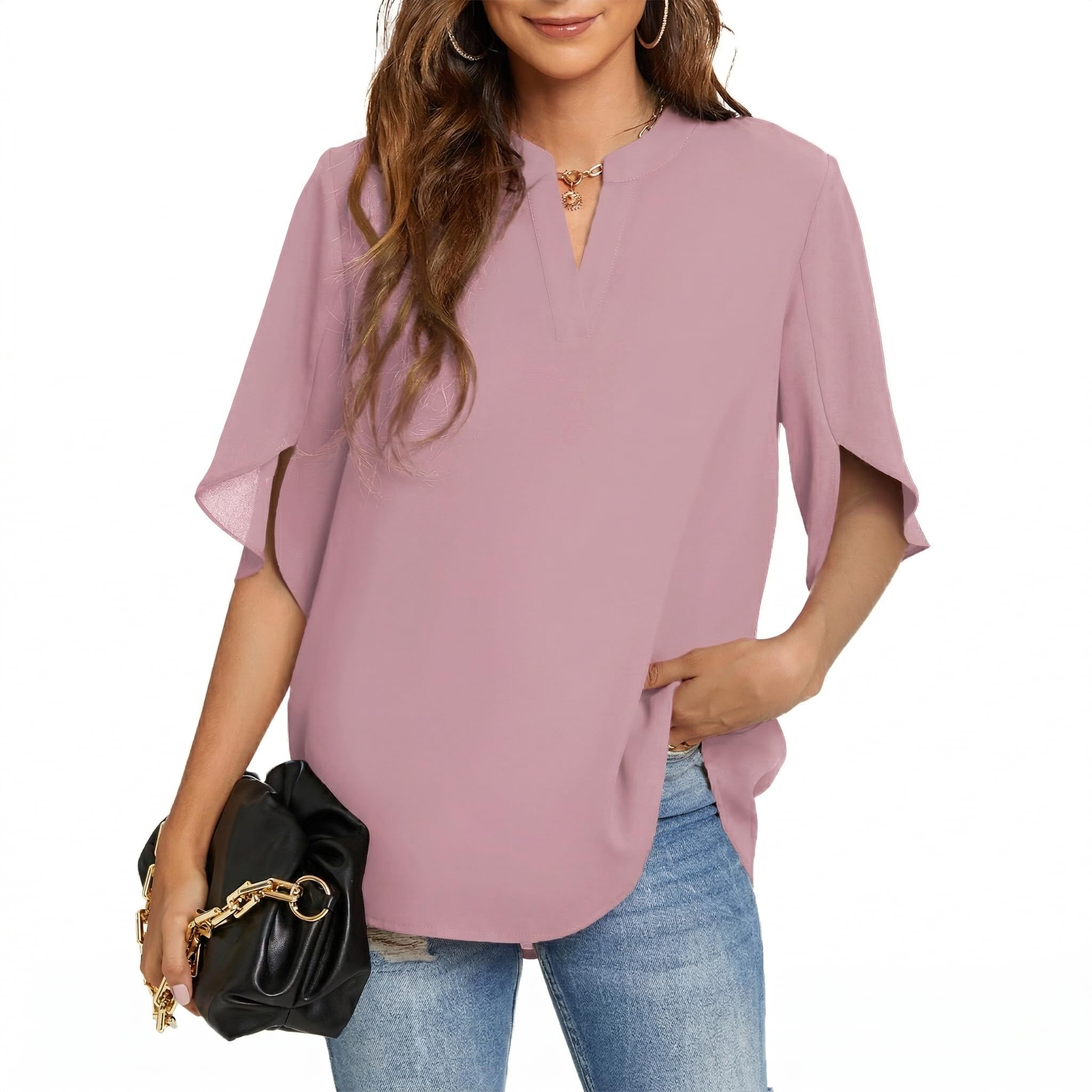 Funlingo Women's Summer Tops Short Sleeve Casual Shirts V Neck Chiffon Dressy Blouse Tops