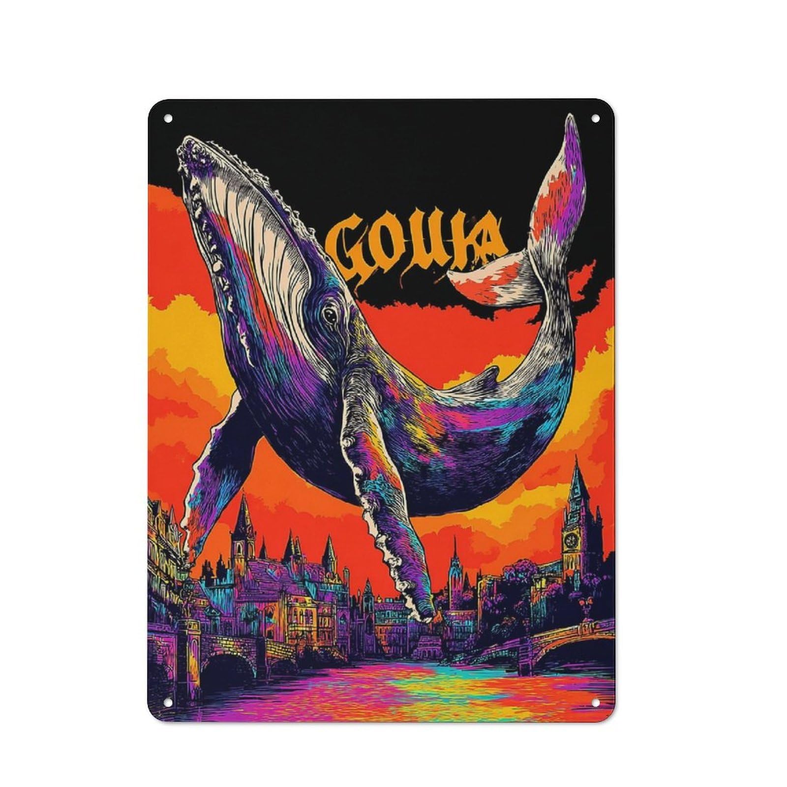 Whale in Cityscape Retro Metal Wall Decor 40x30cm, Tin Wall Sign for Bakery, Diner, Cafe Or Family Room