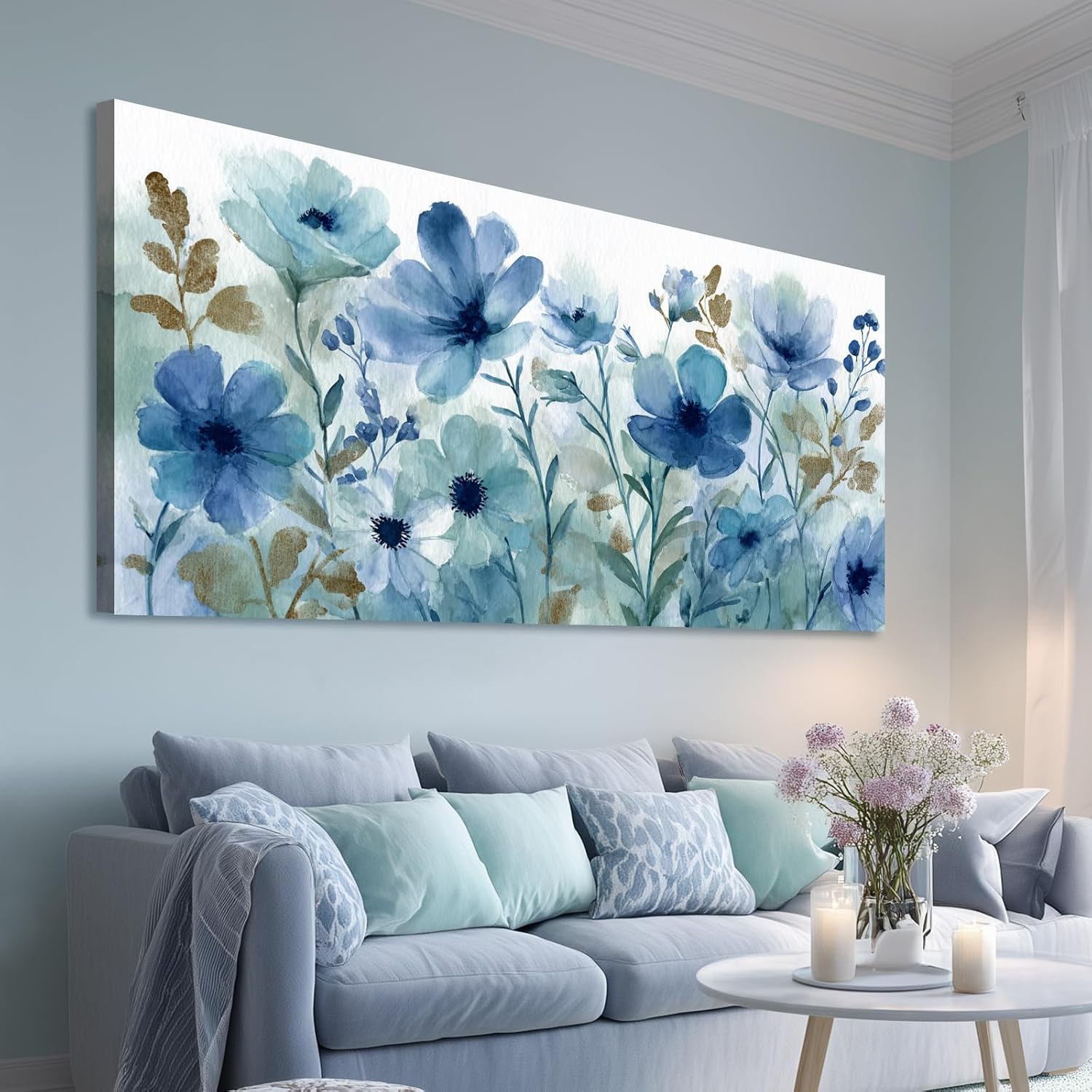 Azatyam Navy Blue Wildflower Watercolor Canvas Wall Art Boho Botanical Floral Wall Decor Modern Yellow Meadow Flower Pictures Painting for Living Room Bedroom Bathroom Home Decoration 20"x40"