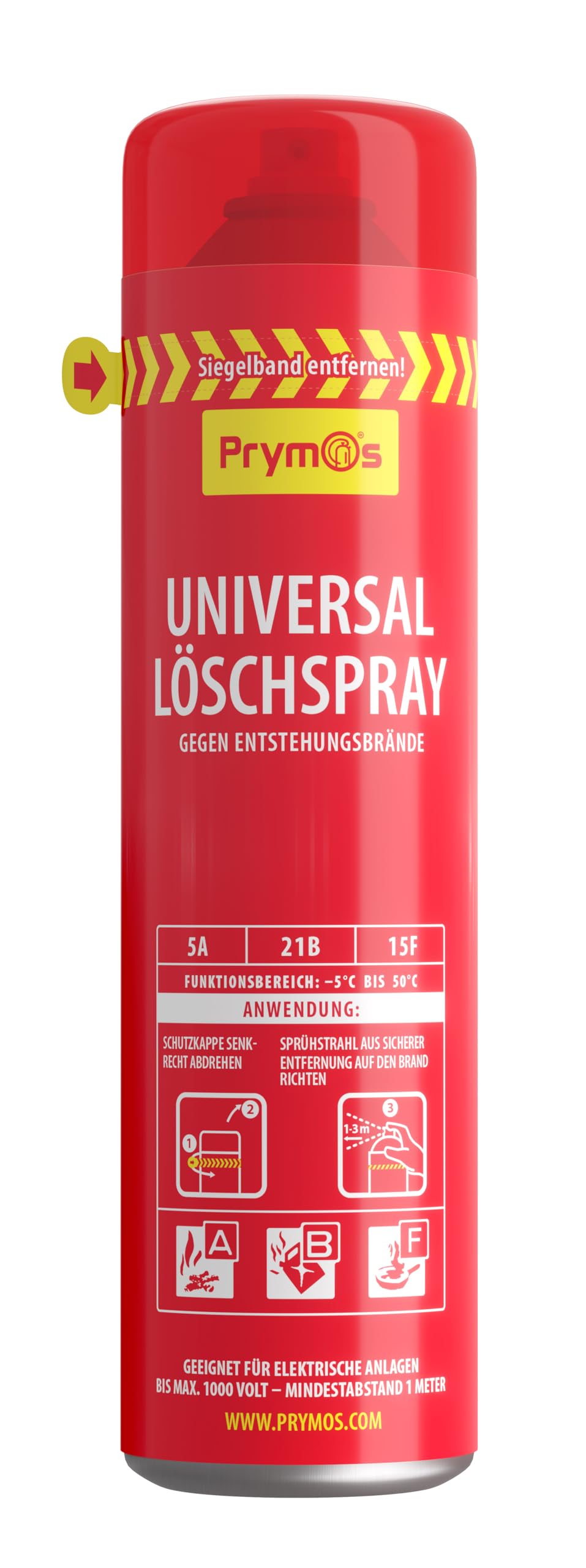 Prymos Feuerlöscher Spray 625ml – Universal Löschspray für Küche, Haushalt, Grill – 5A/21B/15F – Made in Germany – für Brandklassen A B F & Elektrogeräte bis 1000V