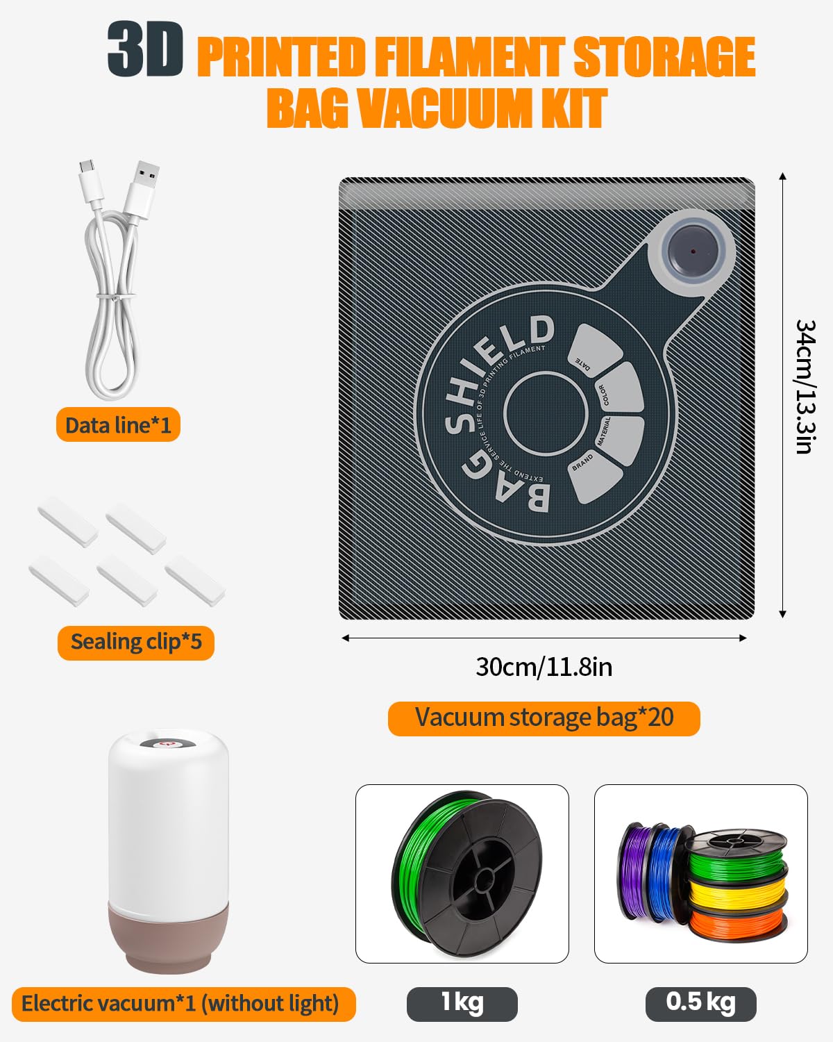 20 Pezzi Sacchetti Sottovuoto per Filamenti 3D Riutilizzabile per Stampante 3D Impresora Bolsa Selladas al Vacío con USB pompa(34x30cm) Sacchetti sigillati sottovuot Filamento a prova
