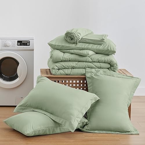 Miniatura 6 de Love's cabin Juego de edredón Queen color salvia, 7 piezas de cama Queen en una bolsa, juegos de ropa de cama Queen para todas las estaciones con 1