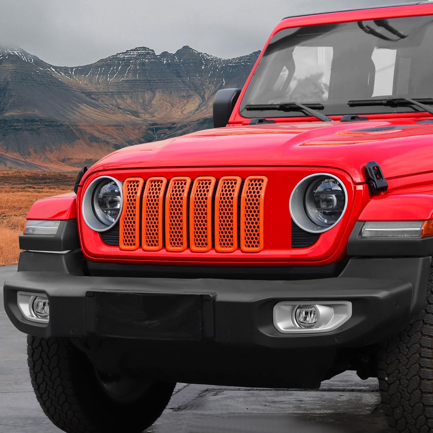 Front Grill Insert Mesh Grille Inserts Cover Kit 7Pcs Compatible with 2024-2025+ Jeep Wrangler JL JLU & Gladiator JT Exterior Accessories (Orange)