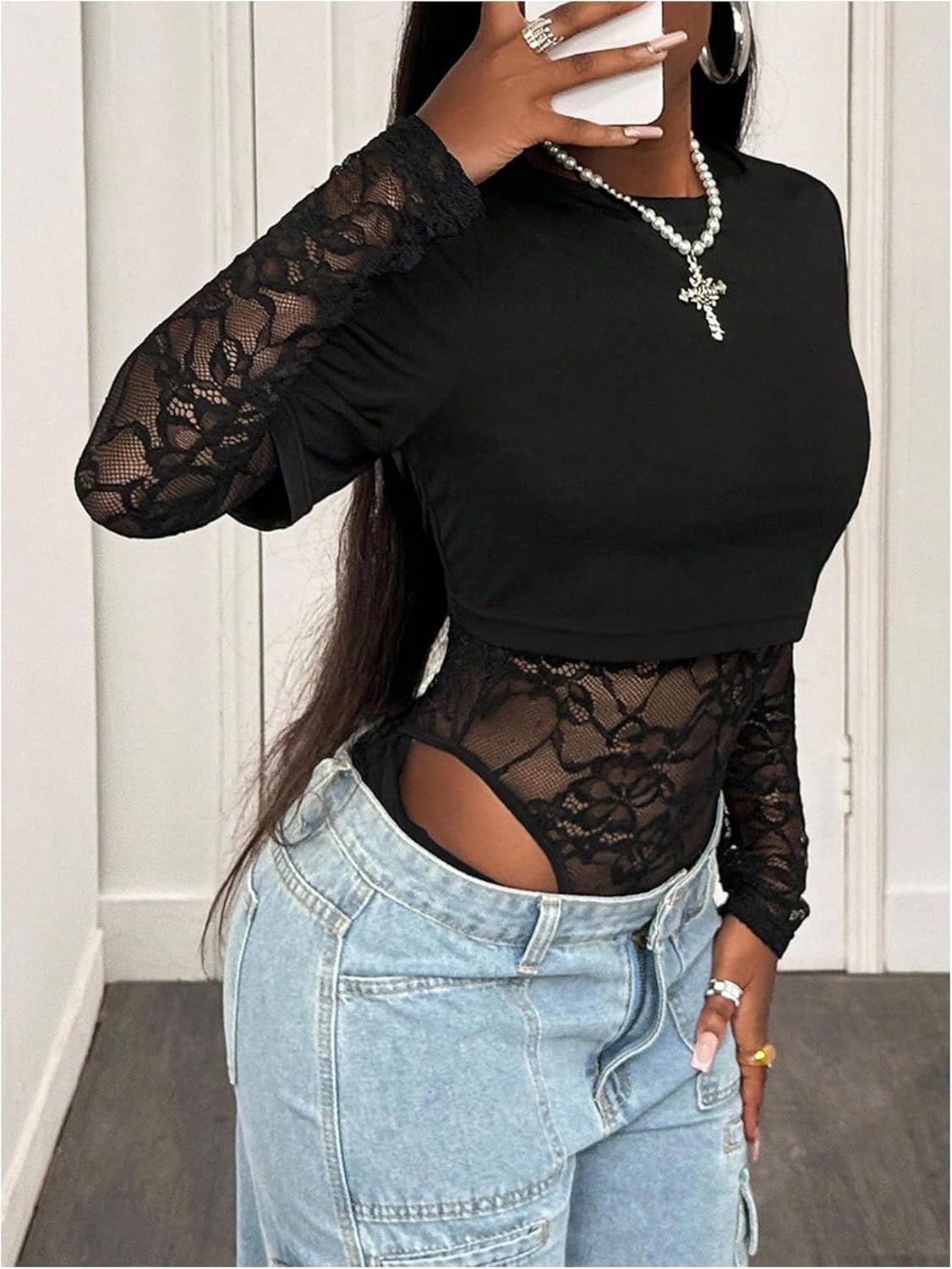 WDIRARA Women's Floral Lace Long Sleeve Bodysuit 2 in 1 Leotard Tops Night Out Body Suit - Image 2