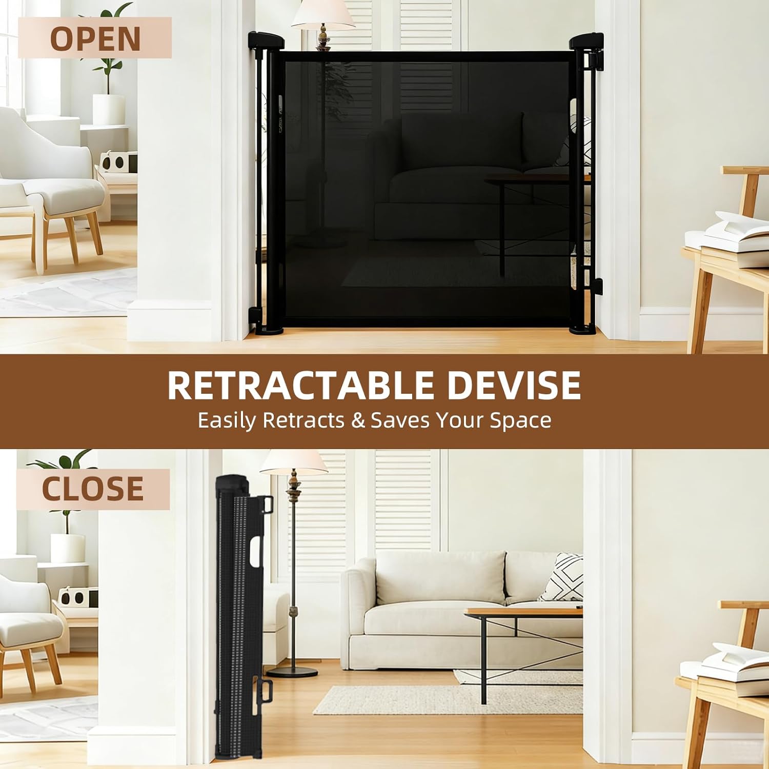 55 inch Retractable Baby Gate Black - One-Hand Operation Secure-Lock, Easy Install for Stairs, Doorways, Portable Mesh Barrier, Adjustable Width for Indoor/Outdoor, Dog & Child Safety