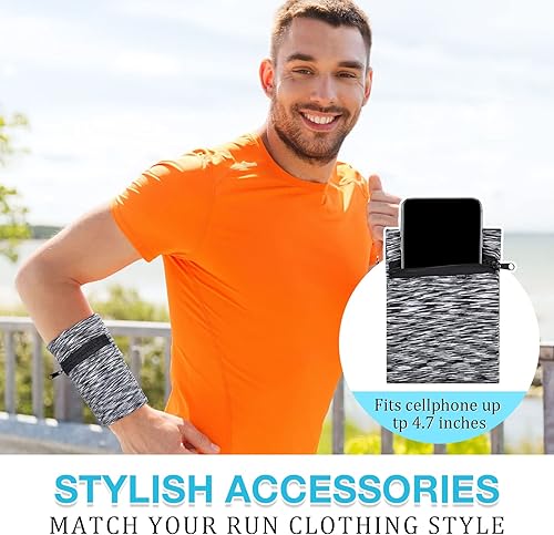 Miniatura 4 de Honoson Cartera de muñeca de 5 piezas para mujeres y hombres, bolsa de muñeca con cremallera para correr, brazalete, pulsera para el sudor, cartera