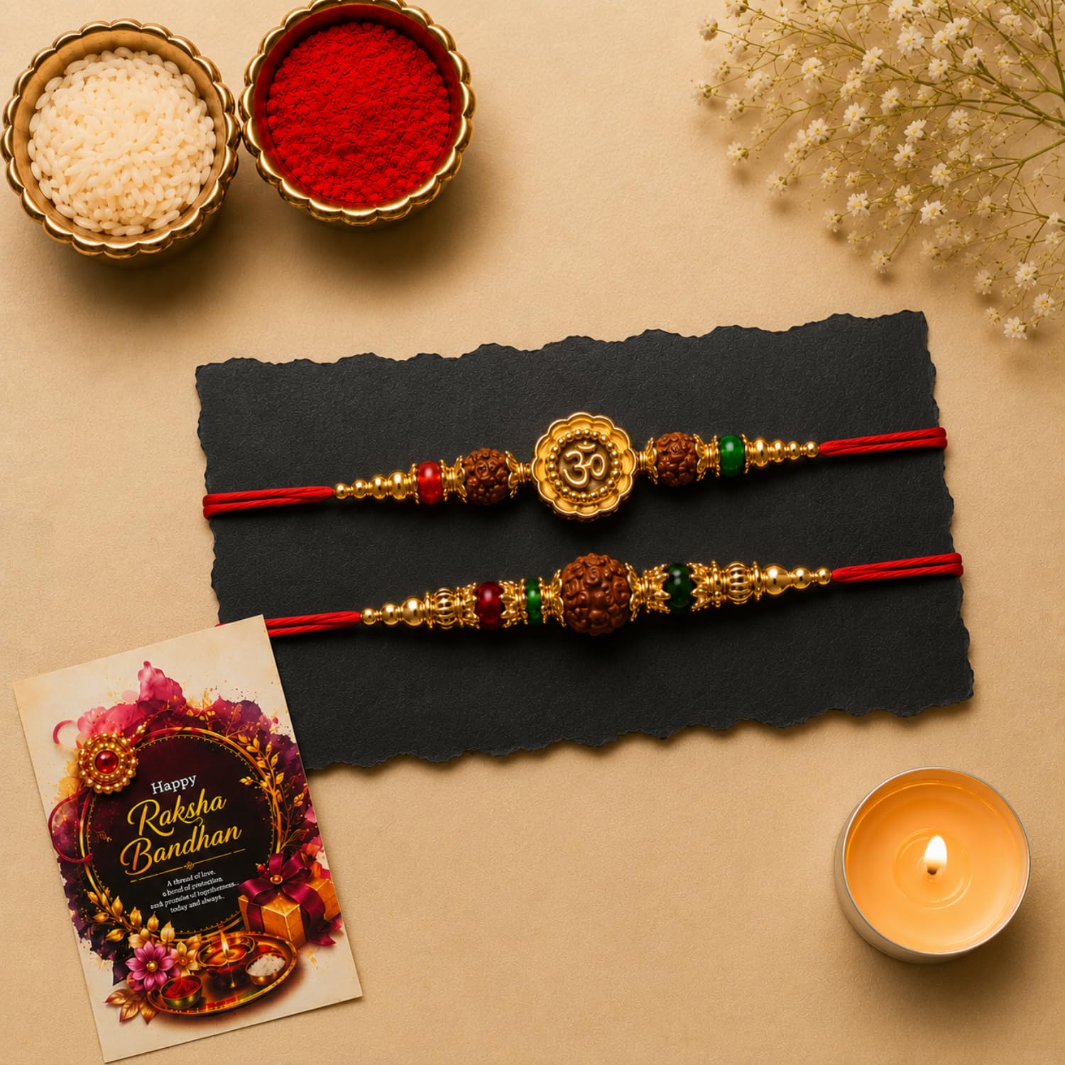 DIKANG Combo Pack of 2 Premium Rakhi Set for Brother and Bhabhi | Mauli Thread Rakhi with Roli Chawal Tilak Set & Greeting Card | Rakhis for Rakshabandhan with Tealight Candle (NR102)