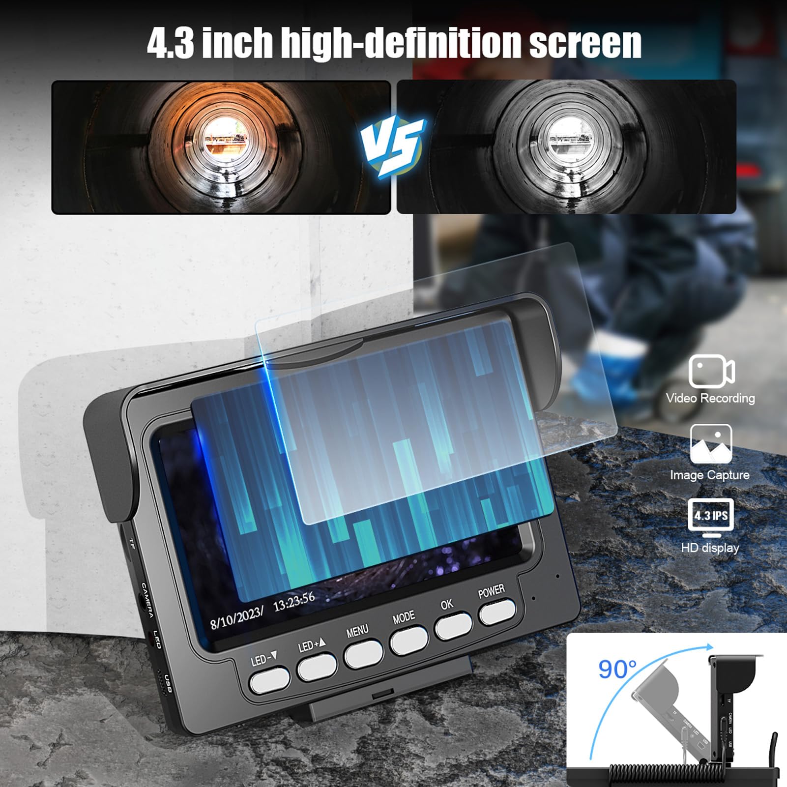 Cámara de Alcantarillado, Cámara de Drenaje con Pantalla de 4.3 Pulgadas, Endoscopio de Drenaje Industrial a Prueba de Lluvia IP68, DVR y Grabadora de Audio incluyó una Tarjeta (20m)