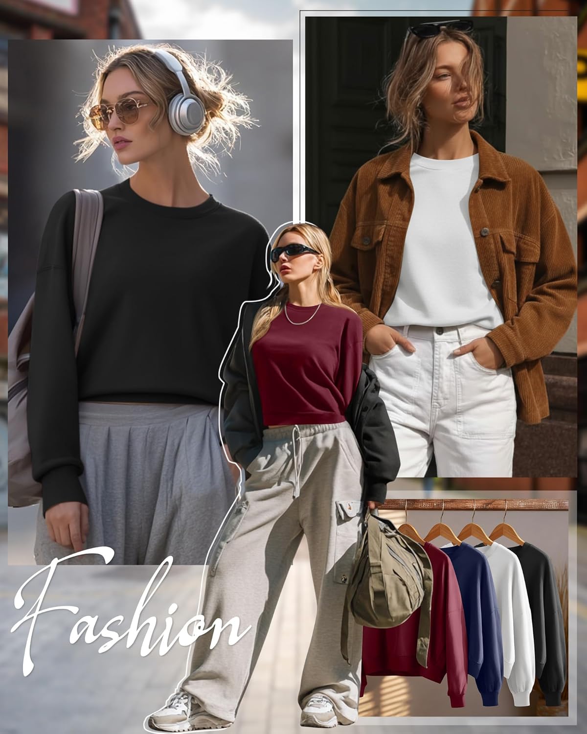 4 Pack Womens Long Sleeve Cropped Sweatshirts Crew Neck Loose Fit Pullover Thermal Tops - Image 2