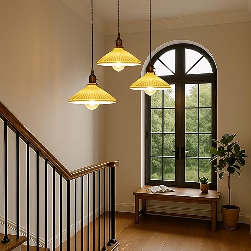 Miniatura 9 de Lámparas colgantes de cerámica industrial vintage, cable colgante ajustable de 6.56 pies, enchufe de latón, compatible con bombillas E26E27, lámpara