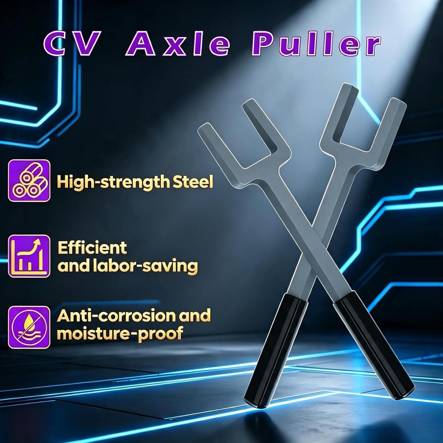 CV Axle Removal Tool with Rubber Grip Handle, 2-Piece Inner CV Axle Popper Kit, Professional Half-Shaft Drive Axle Puller for FWD Vehicles, Heavy Duty Fork & Shim