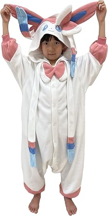 SAZAC Sylveon Onesie Kigurumi - Luxurious Pokemon Halloween Costume for Kids - Premium, Durable, Machine Washable Pajamas - Perfect Easy-Care Pokemon Costumes for Kids Ages 5-9