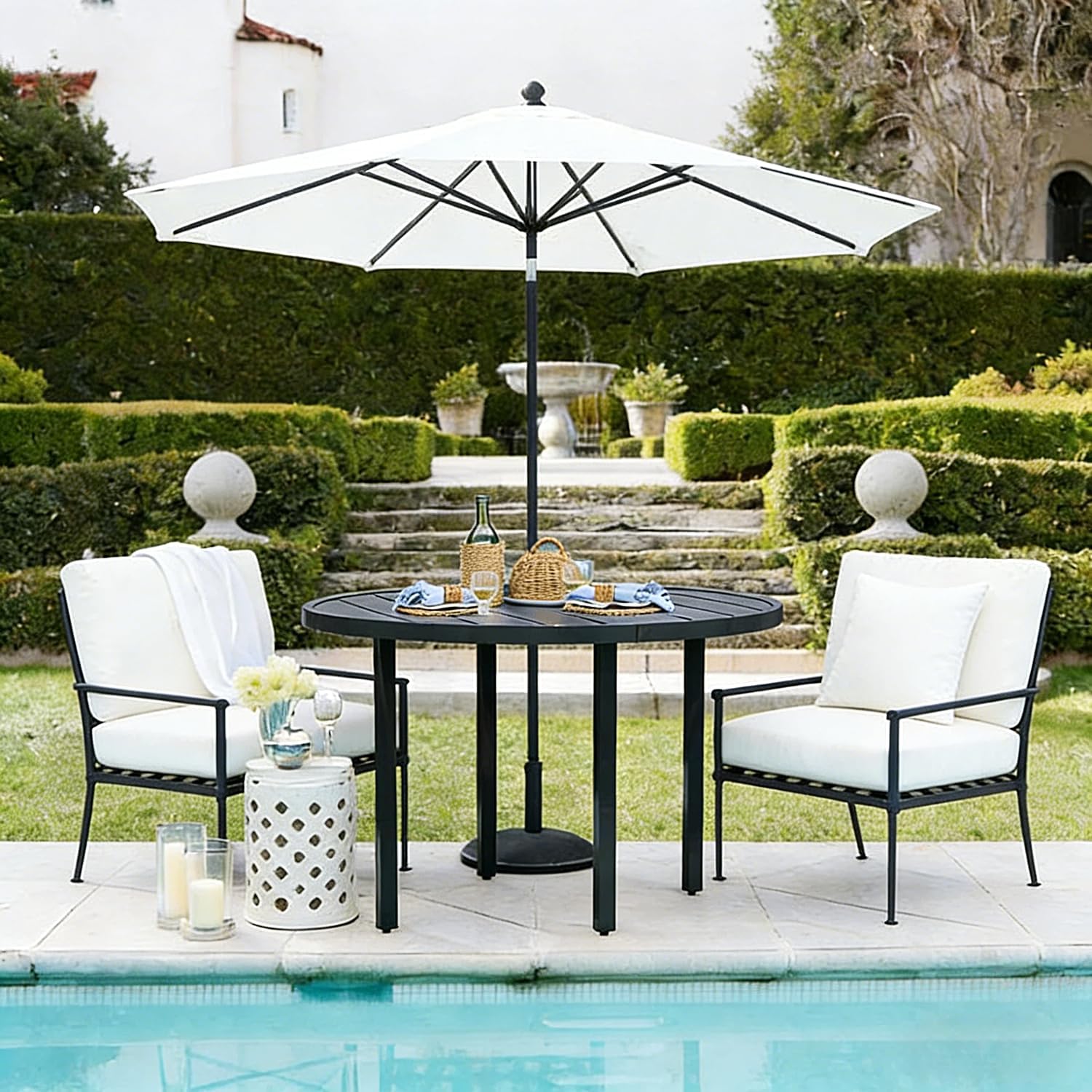 All-Weather 47" Round Outdoor Patio Table for 6, Metal Black Dining Table with Adjustable Umbrella Hole, Garden, Backyard & Deck Bistro Table