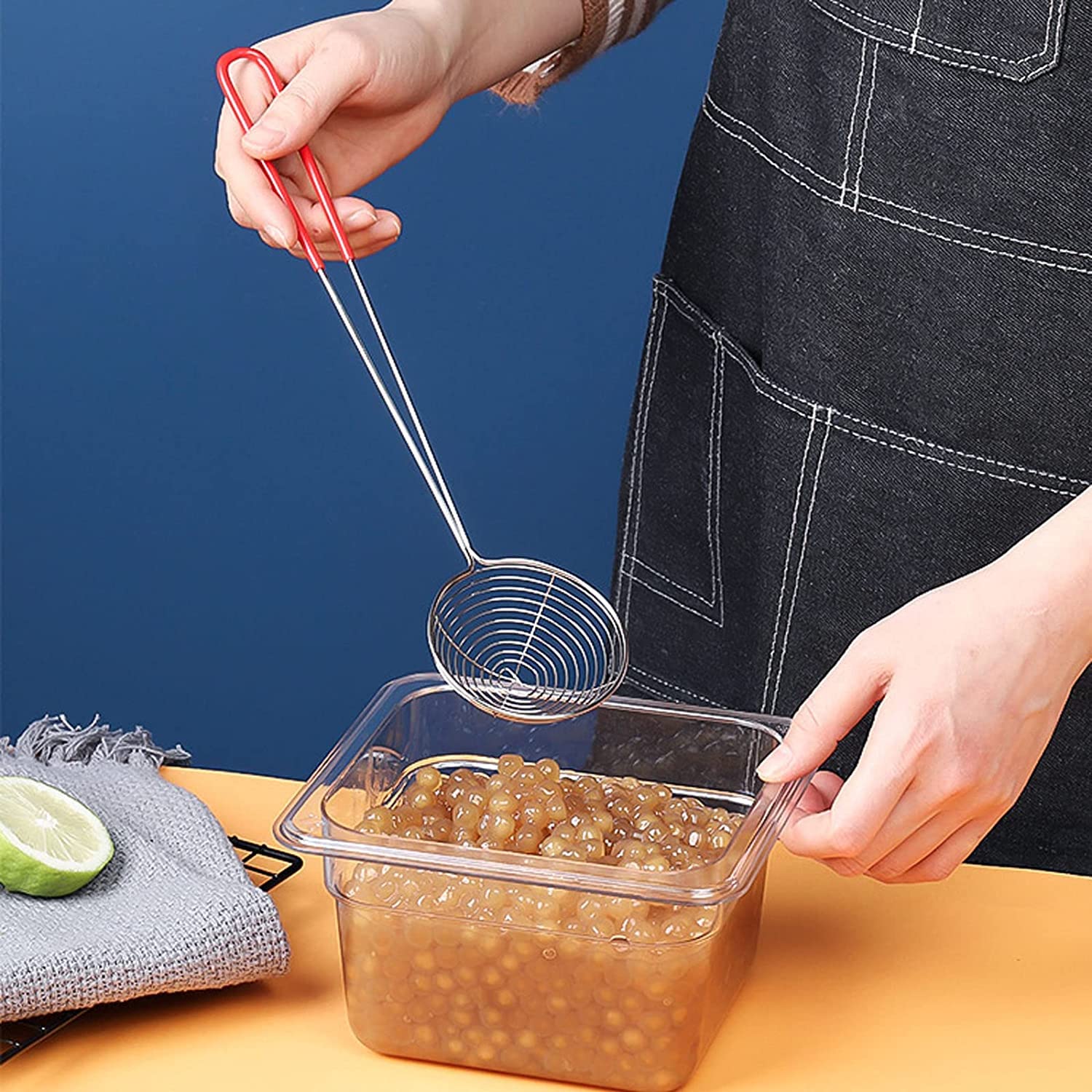 Fondue-zeef, fondue-zeef, handgrepen, roestvrijstalen zeef, keukenzeef met fondue-zeef, roestvrij staal, schuimtroffel, kleine schuimspaan van roestvrij staal, voor het bakken van groenten, paddenstoelen en vis