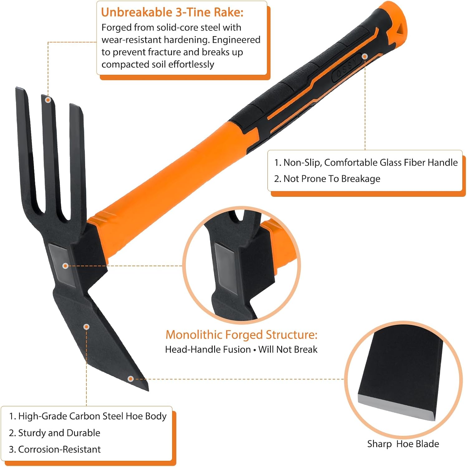 2pcs Garden Tools Comfortable Handle Hoes for Garden Work Carbon Steel Outdoor Tools（Orange）