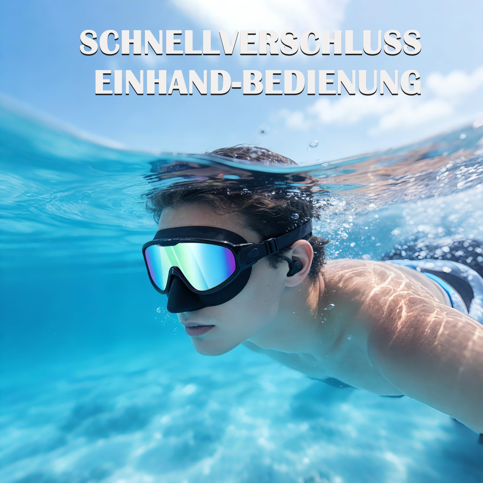 Occhialini Nuoto Uomo, Occhialini Nuoto Donna con Tappi Orecchie, Anti-UV Anti-Appannamento Occhiali Piscina Adulto, con Borsa a Rete, Regolabile Occhiali Polarizzati Nuoto, per e Surf e Adolescenti