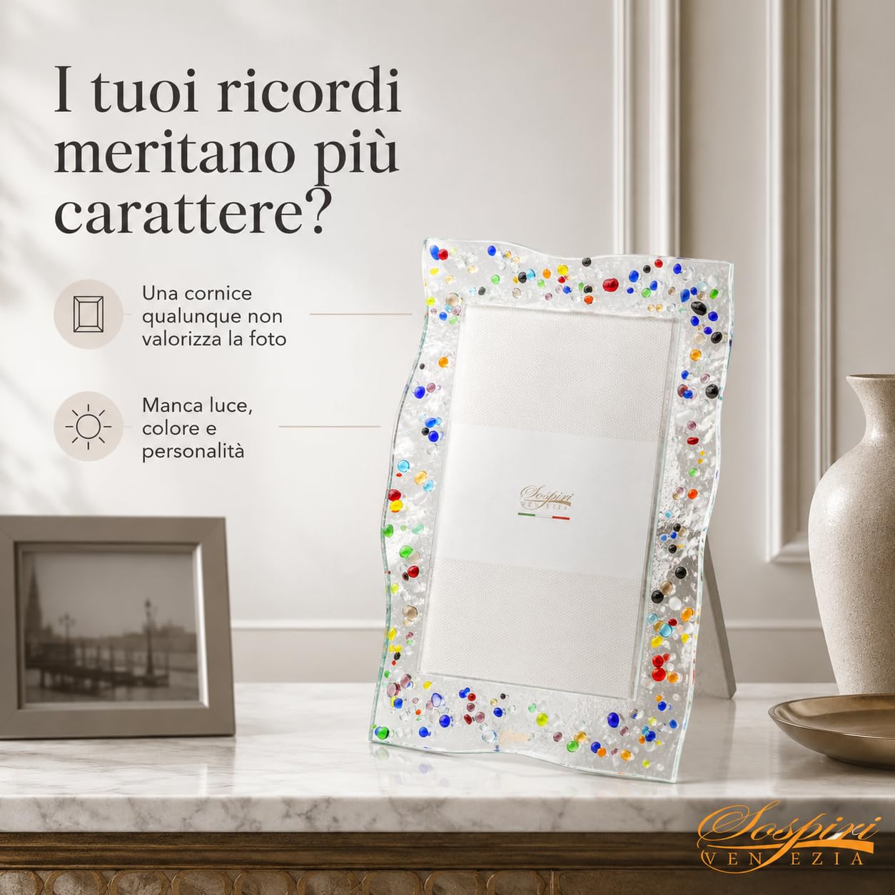 Sospiri Venezia Portafoto Vetro Murano Cornice con Supporto da Scrivania o Tavolo Foto 13x18 cm Decorato a Mano Soprammobile Casa Idea Regalo per Cerimonia Bomboniera (19X25 cm)