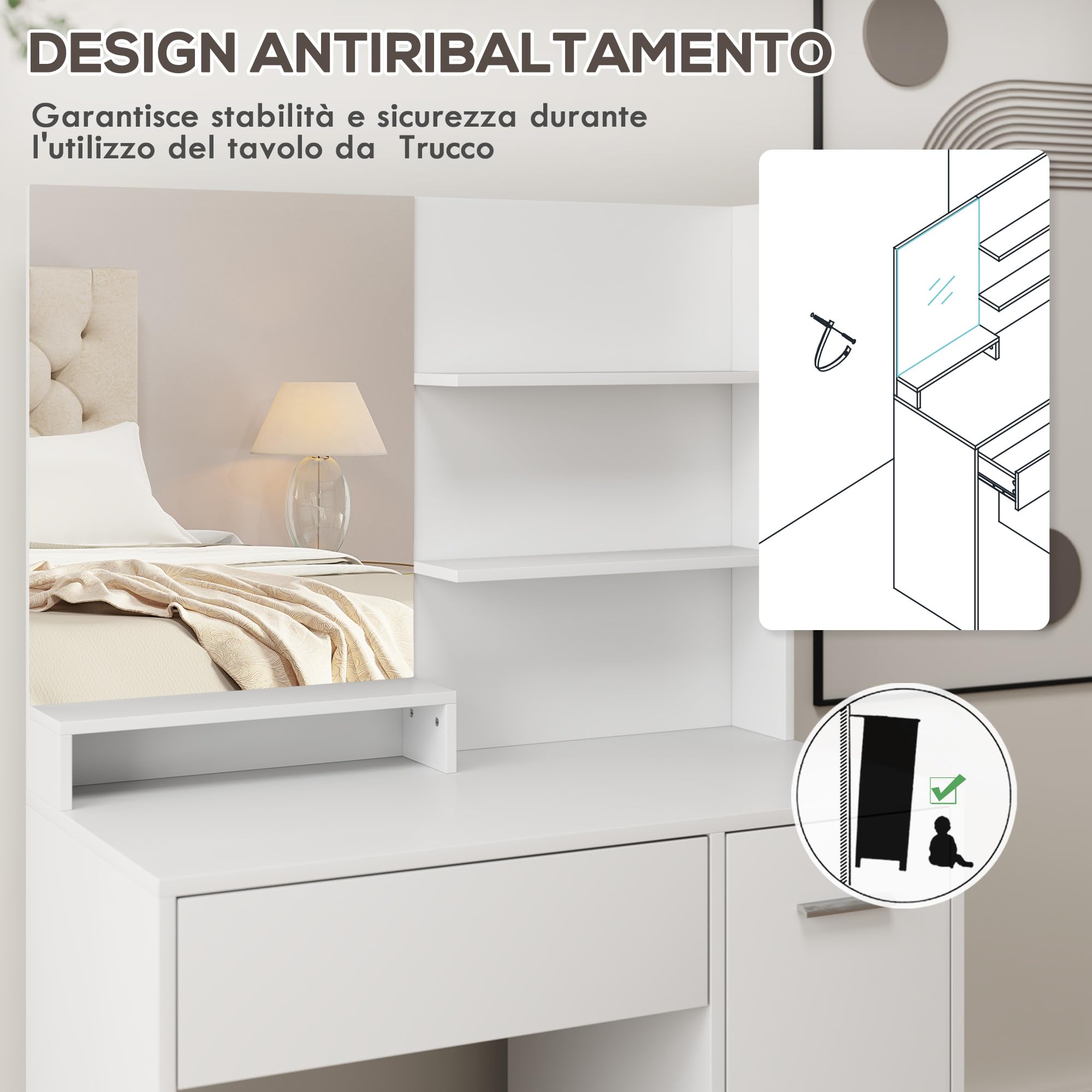 HOMCOM Toeletta Trucco con Specchio e Sgabello, Postazione Trucco con Cassetto, Armadietto e Ripiani in Legno, Bianco