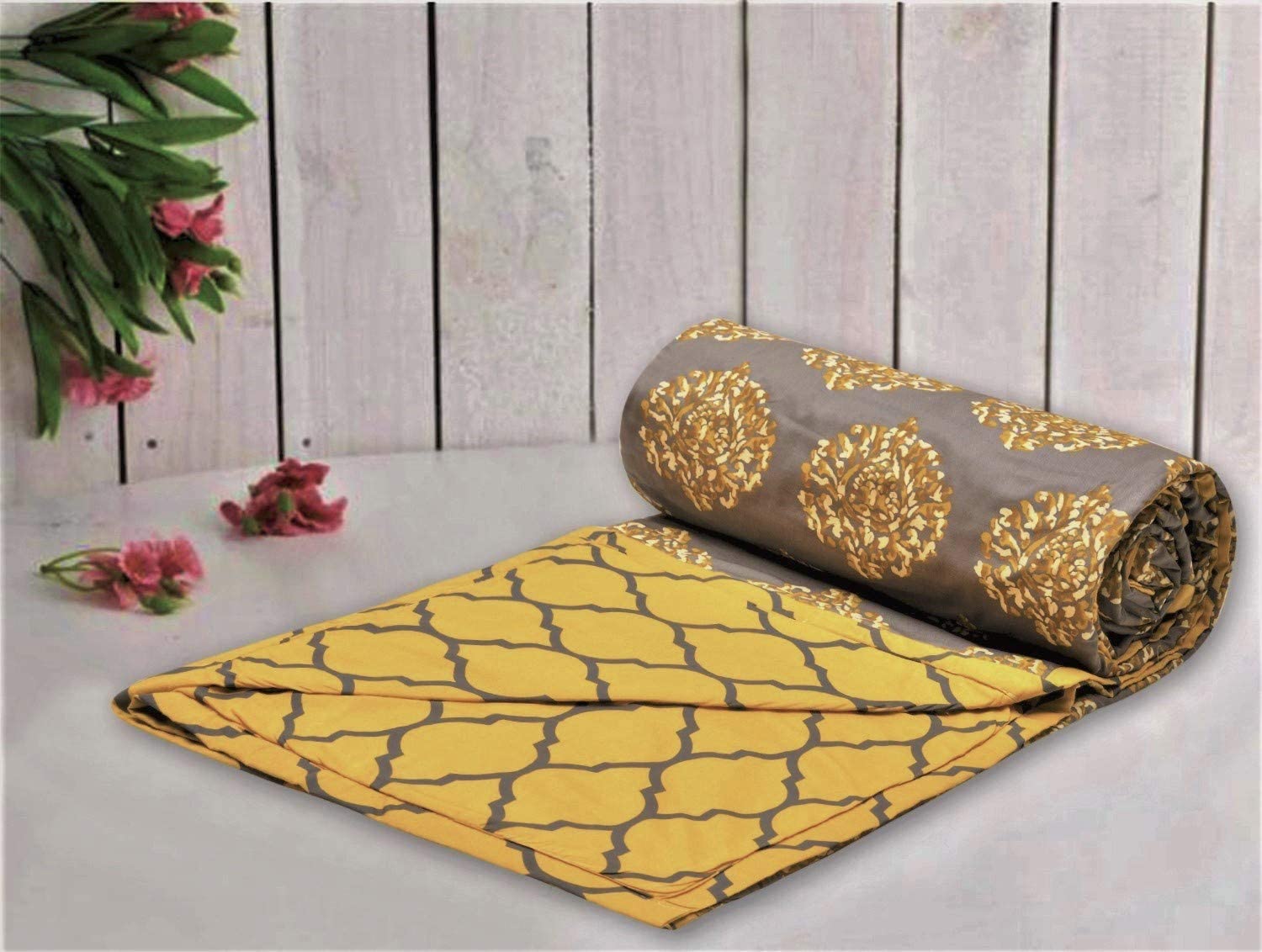 Trance Home Linen Premium 100% Cotton Dohar for Double Bed | 150 GSM | Reversible Ac Comforter | Light Weight All Season Soft Blanket (84x90 Inches | Damask Grey Mustard)
