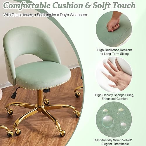 Miniatura 4 de VINGLI Silla de oficina pequeña de terciopelo moderna, bonita silla de escritorio con ruedas, base doradatachuelas, cómoda silla giratoria sin