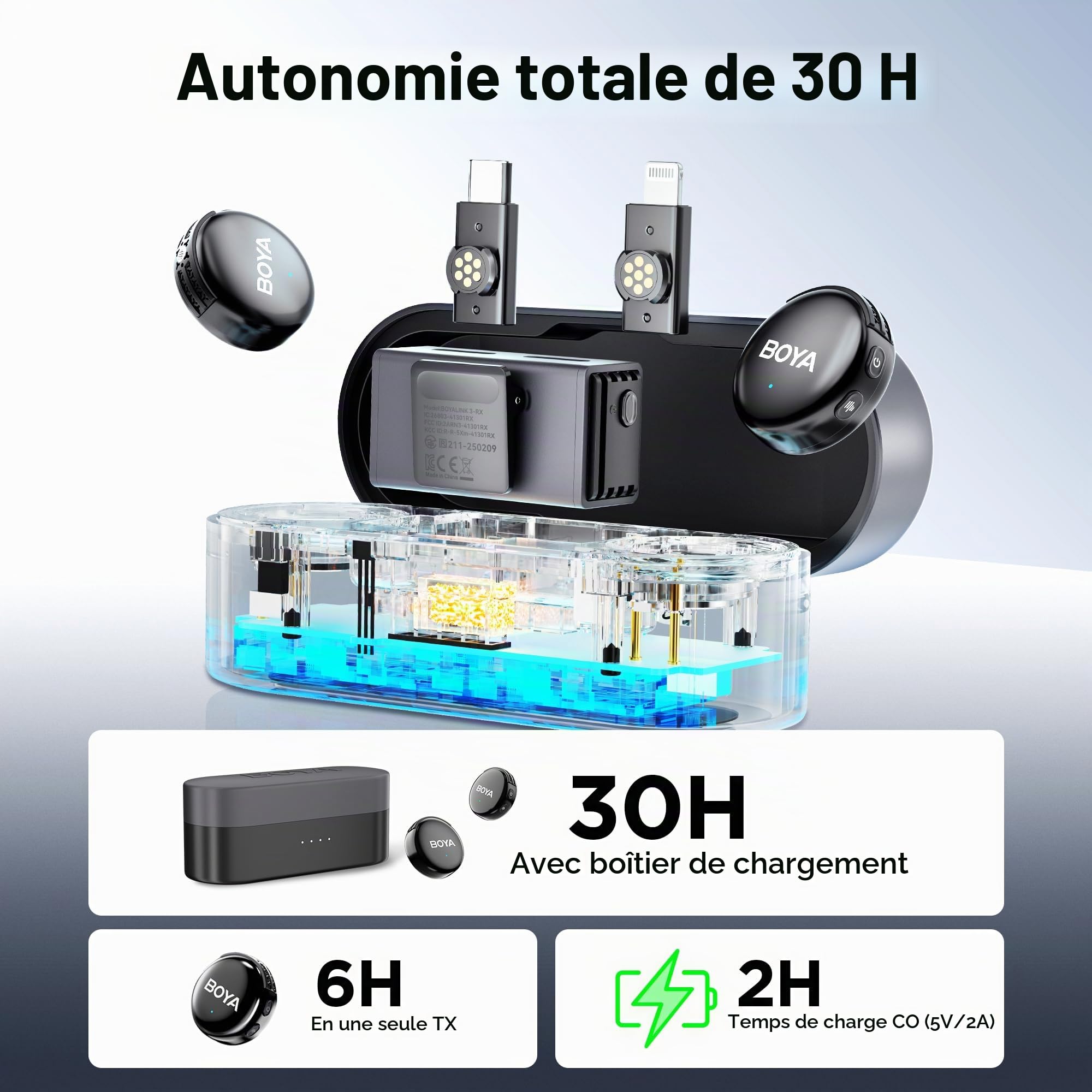 BOYA BOYALINK 3 Microphone cravate sans fil tout-en-un pour appareil photo/iPhone/Android, mini microphone avec réduction du bruit AI, durée de 30 h, portée de transmission de 300 m pour Vlog, TikTok