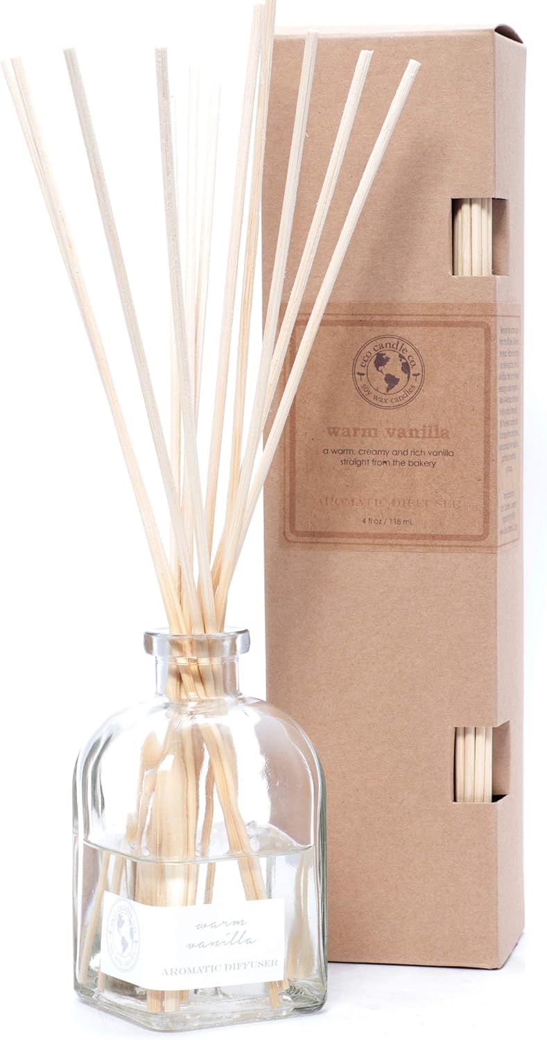 ECO CANDLE CO. Reed Diffuser Set, Seagrass, 4 oz. - Scents of Coconut, Jasmine, Eucalyptus, Vetiver, Driftwood, & Seaweed - Premium Fragrance & Essential Oils, Clear Glass, 12 Reeds, Recycled Box