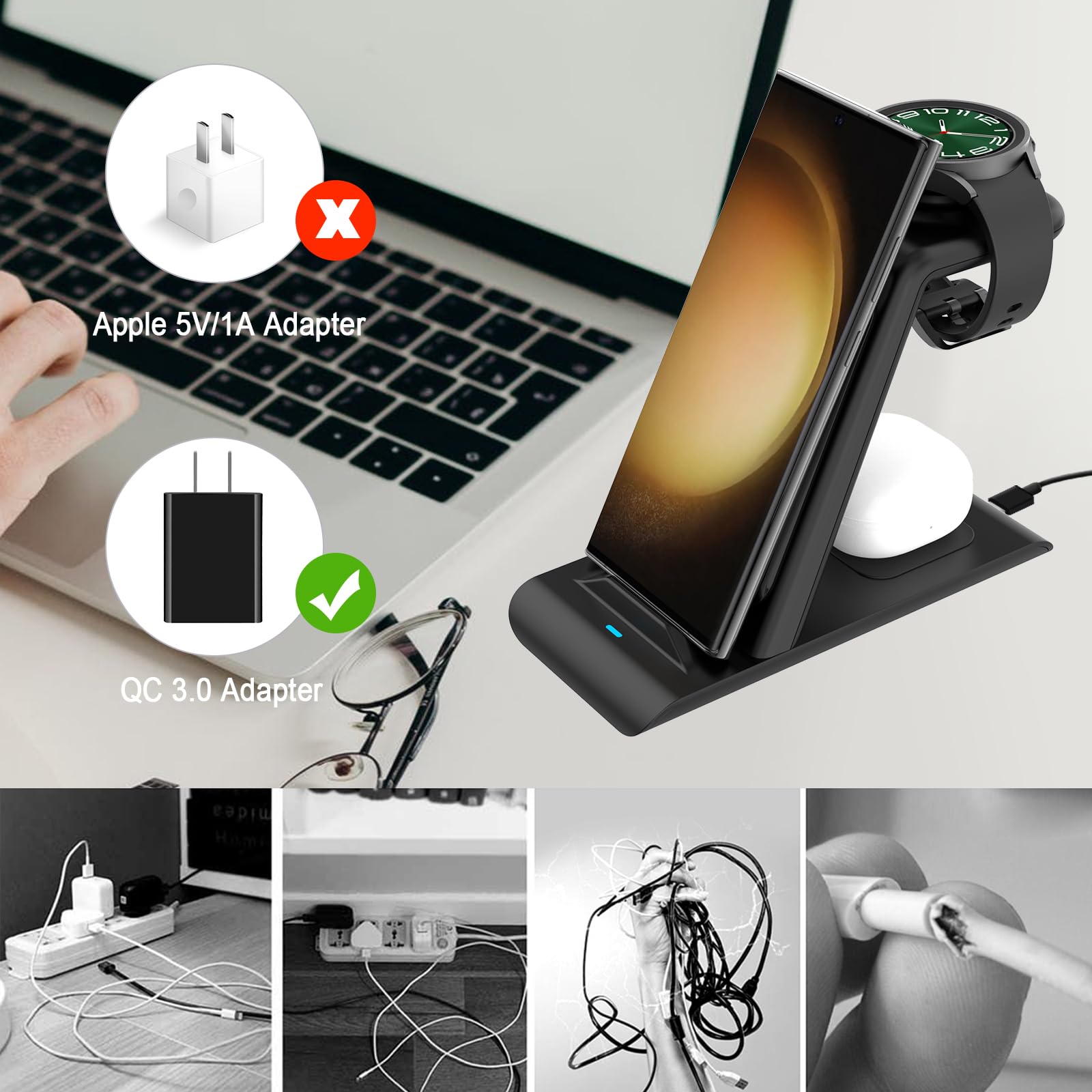 Chargeur Sans Fil 3-en-1 SPGUARD Pour Samsung Galaxy Watch/Série S/Note/Buds - Charge Rapide Et Sûre