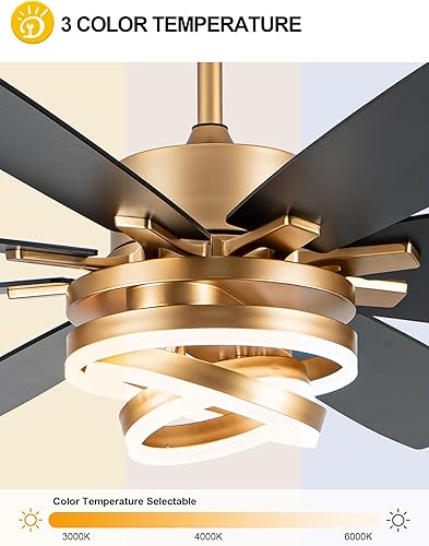 Miniatura 7 de Ventiladores de techo dorados de 72 pulgadas con luces, motor CC silencioso y reversible, 6 velocidades, ventiladores de techo grandes y modernos