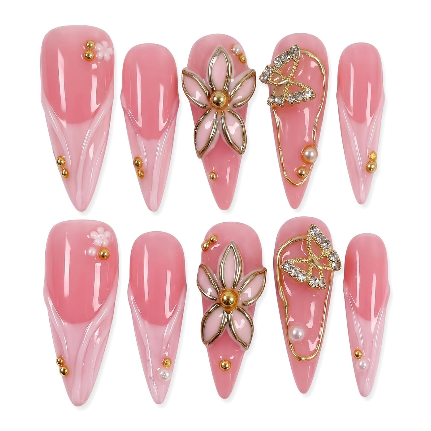 Handmade Press on Nails Long Stiletto - Leopard & Zebra Print French Tip Fake Nails, Pink 3D Flower & Butterfly Luxury False Nails, 10 Pcs for Women (Size M)