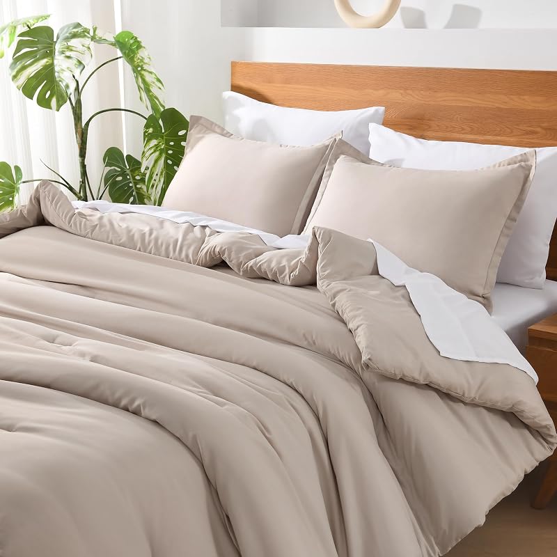 Oatmeal Cal King Comforter Set - 7 Pieces Bed in a Bag | Cal King Solid Soft Lightweight Summer Comforter Bedding Sets with Fitted Sheets, Flat Sheets, Pillowcases & Shams image 3
