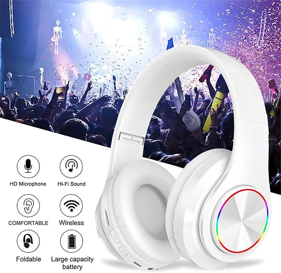 Bluetooth Headphones Over Ear, Foldable Wireless Headset, Lightweight Headphones with Built-in Noise Reduction Microphone, FM, SD/TF for Online Class, Office, PC, Phone (White)