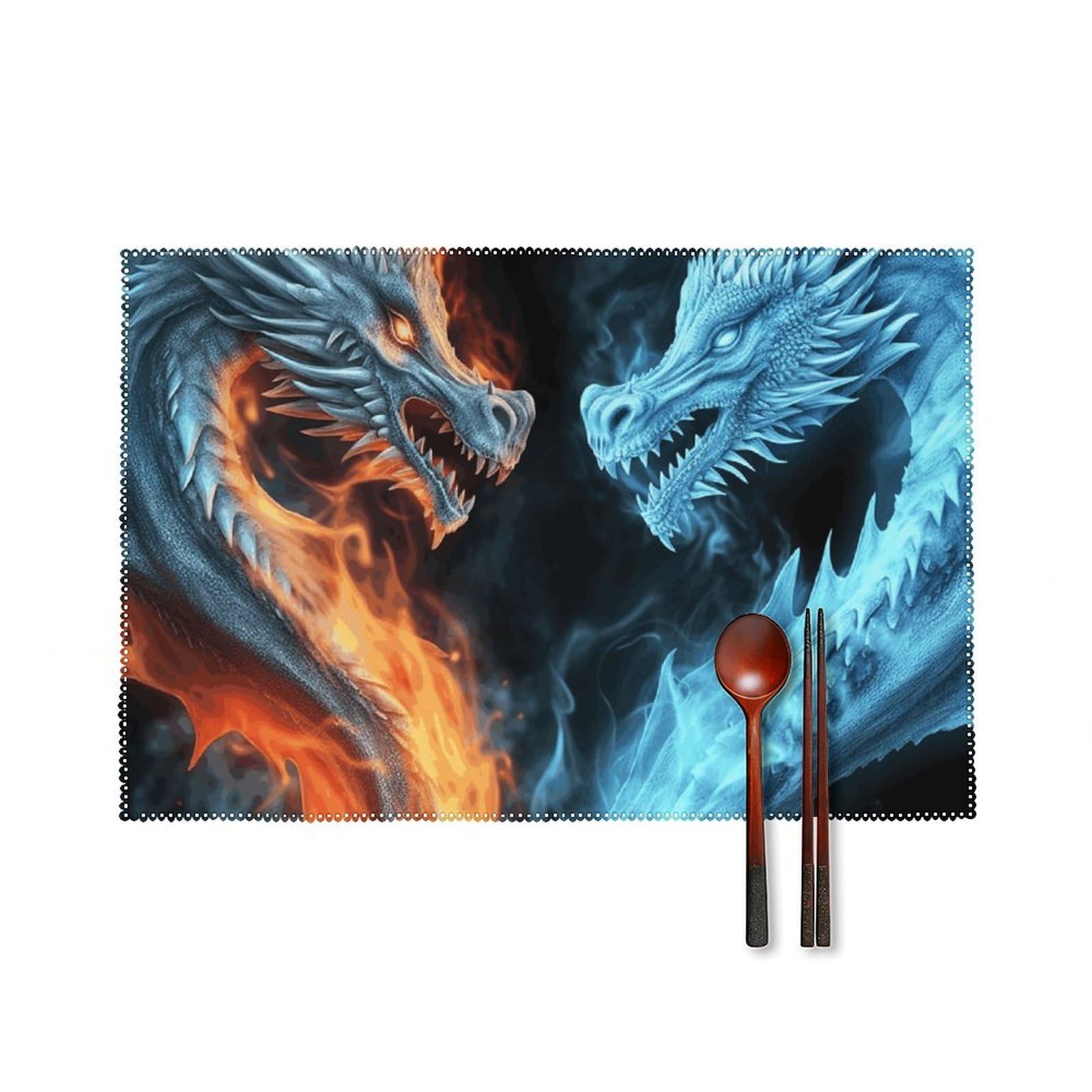 Ice and Fire Dragons Placemats Set of 6, 12x18 Inch Heat Resistant Washable Canvas Table Mats, Stain Resistant Decorative Dining Placemats for Kitchen, Restaurant, Outdoor Party