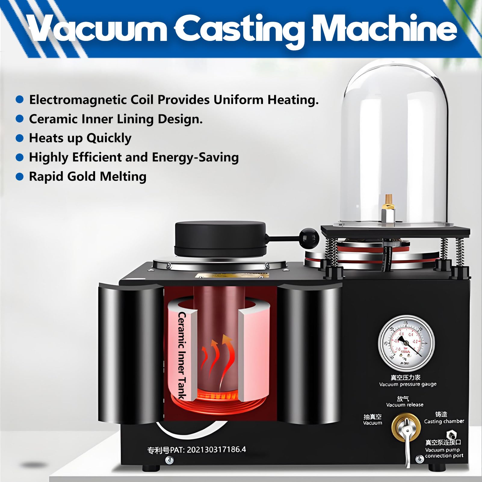 Máquina de fundición al vacío, pantalla digital, herramienta de fundición de metales preciosos a alta temperatura, 1/2 HP, con crisol de grafito, para la fabricación de joyas de oro y plata. 2KG