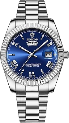 JewelryWe Men Luminous Quartz Watch Filigree Work Bezel Waterproof Analog Roman Numerals Day and Date Function Stainless Steel Strap Wristwatch for Fathers Day