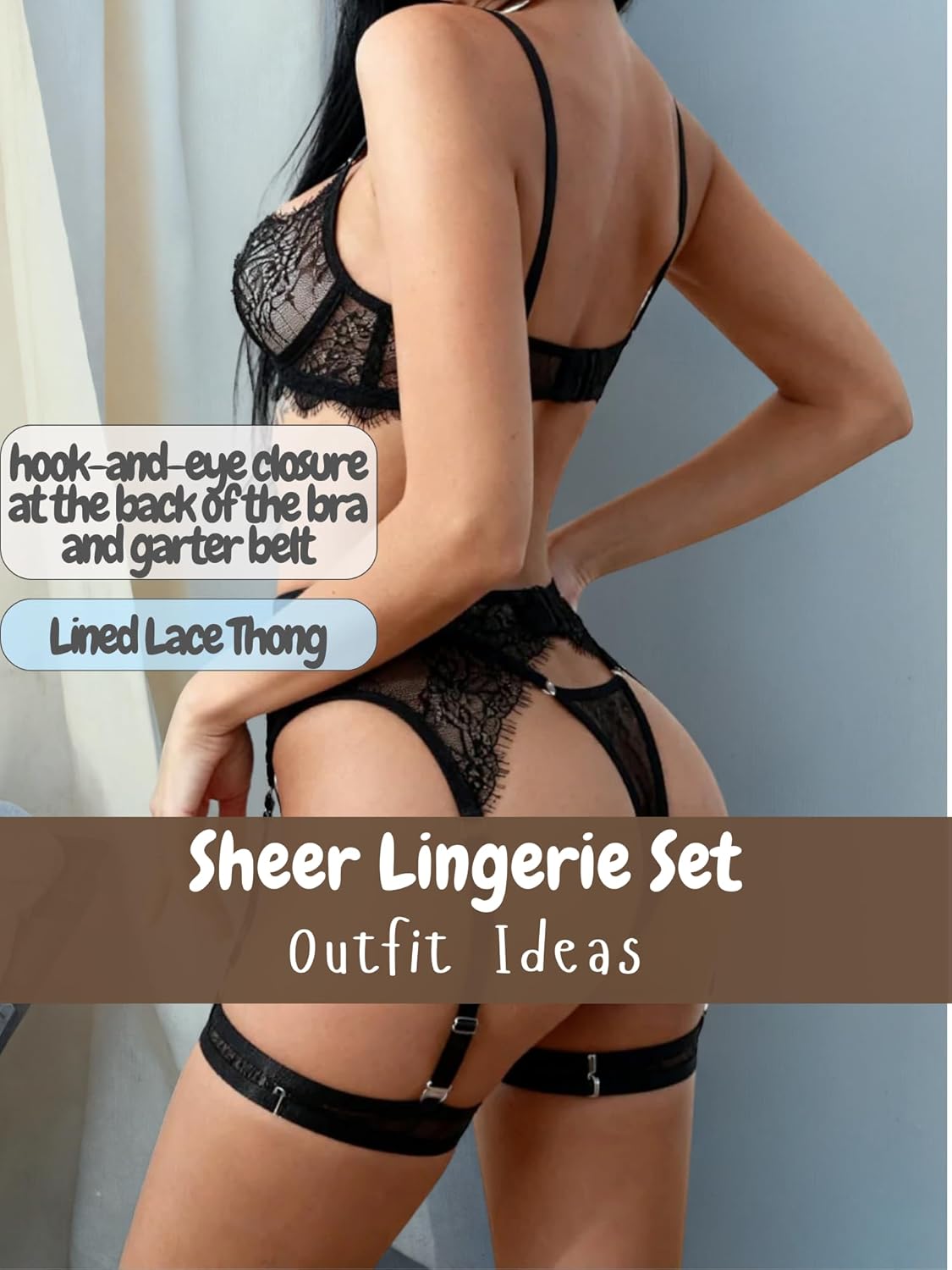 Eyelash Lace Sheer Lingerie Set for Women Sexy, Push up Garter Belt Lingerie Set, Bra and Panty Set 3 Piece Outfit