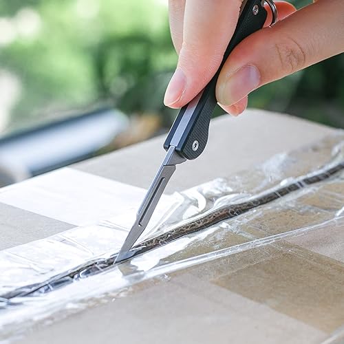 Miniatura 5 de TISUR Cuchillo plegable con llavero, cuchillas de bisturí de acero al carbono, mango de fibra de carbono real, pesca, campamento, cuchillo de caza