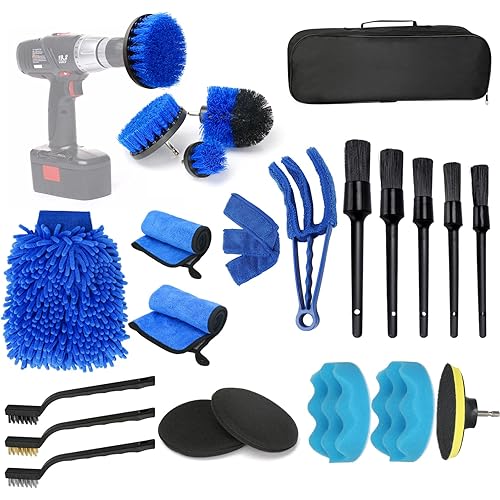 23pcs Car Cleaning Kit,Car Detailing Kit Detailing Brush Set Car Wash Kit,Auto Detailing Drill Brush Set,Car Detailing Brushes for Cleaning Wheels,Dashboard,Interior,Exterior,Leather,Air Vents,Emblems