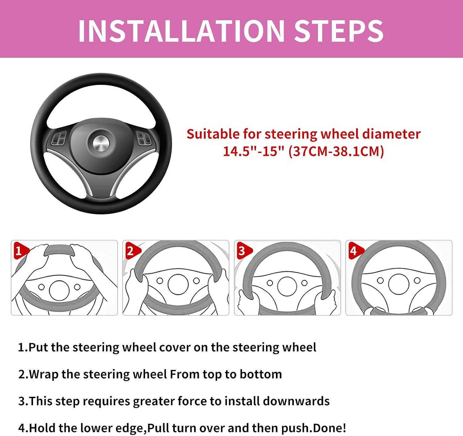 Car Steering Wheel Cover 15 inch, Microfiber PU Leather Elastic Steering Wheel Protector, Anti-Slip Breathable Car Interior Accessories for Most Cars (Pink)