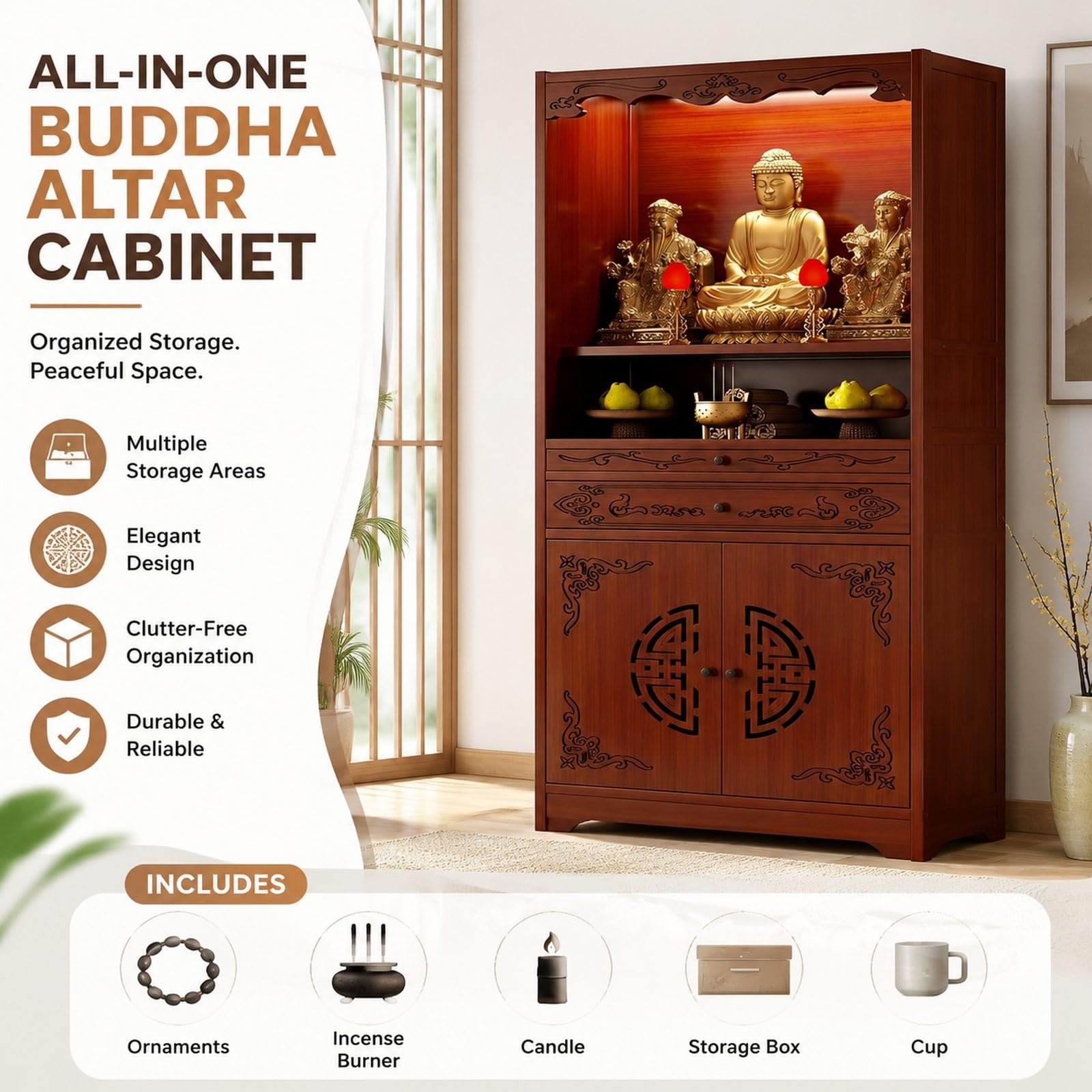 Mobile Altare Buddista, Armadietto Da Preghiera Con Contenitore E Cassetti | Ripiano Aperto, Cassetti Integrati E Spazio Chiuso Per Testi Sacri E Accessori Rituali(53cm/20.8in)