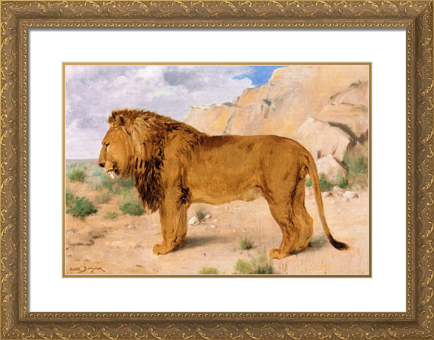 ArtDirect Bonheur Rosa 24x19 Gold Ornate Framed Art Print with Double Matting Titled: Study of a Lion
