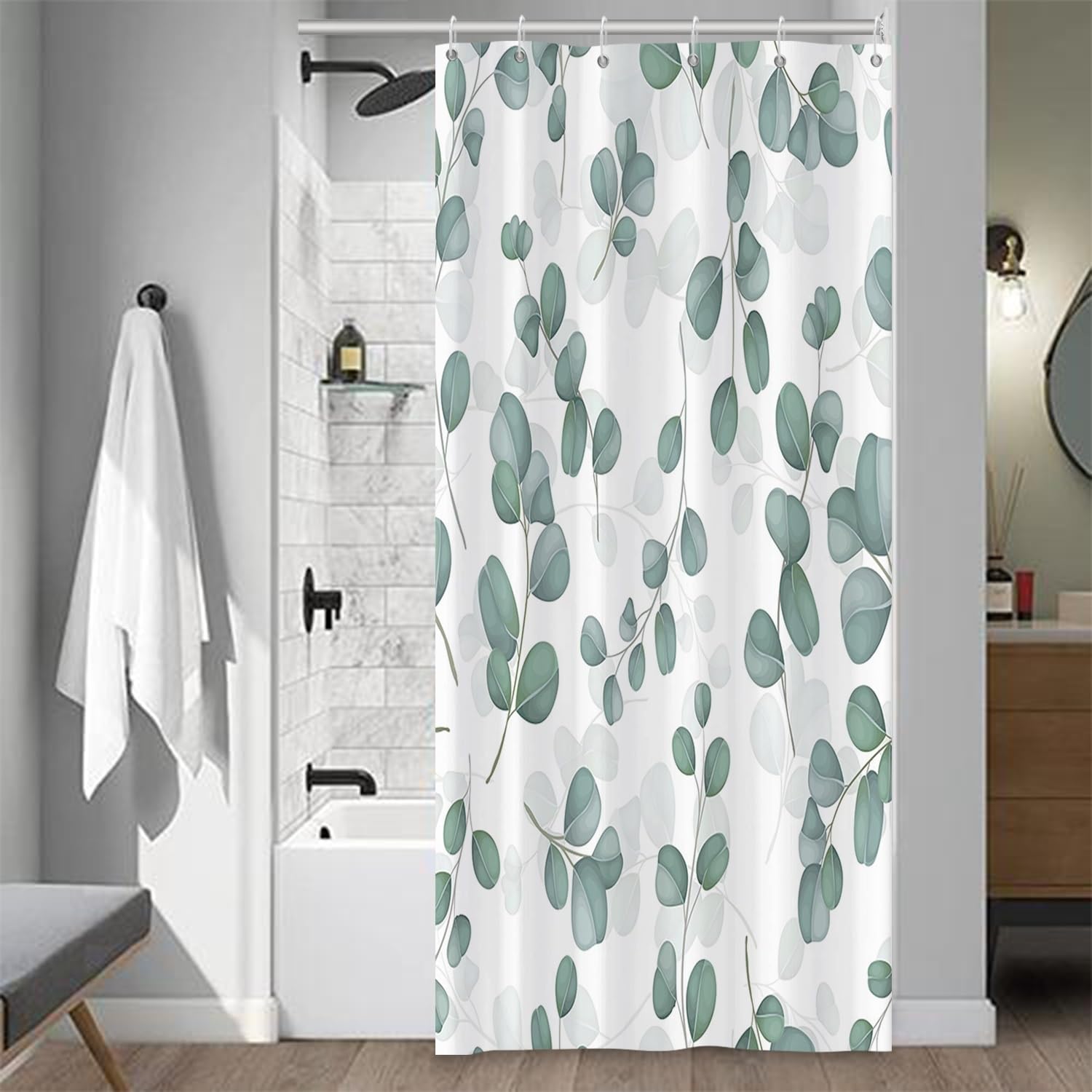 Shower Curtains Green Eucalyptus Leaves Cute Branches Leaf Print Pattern Bathroom Decor Fabric Waterproof Polyester Bath Curtain Set with Hooks, 72x72 Inch