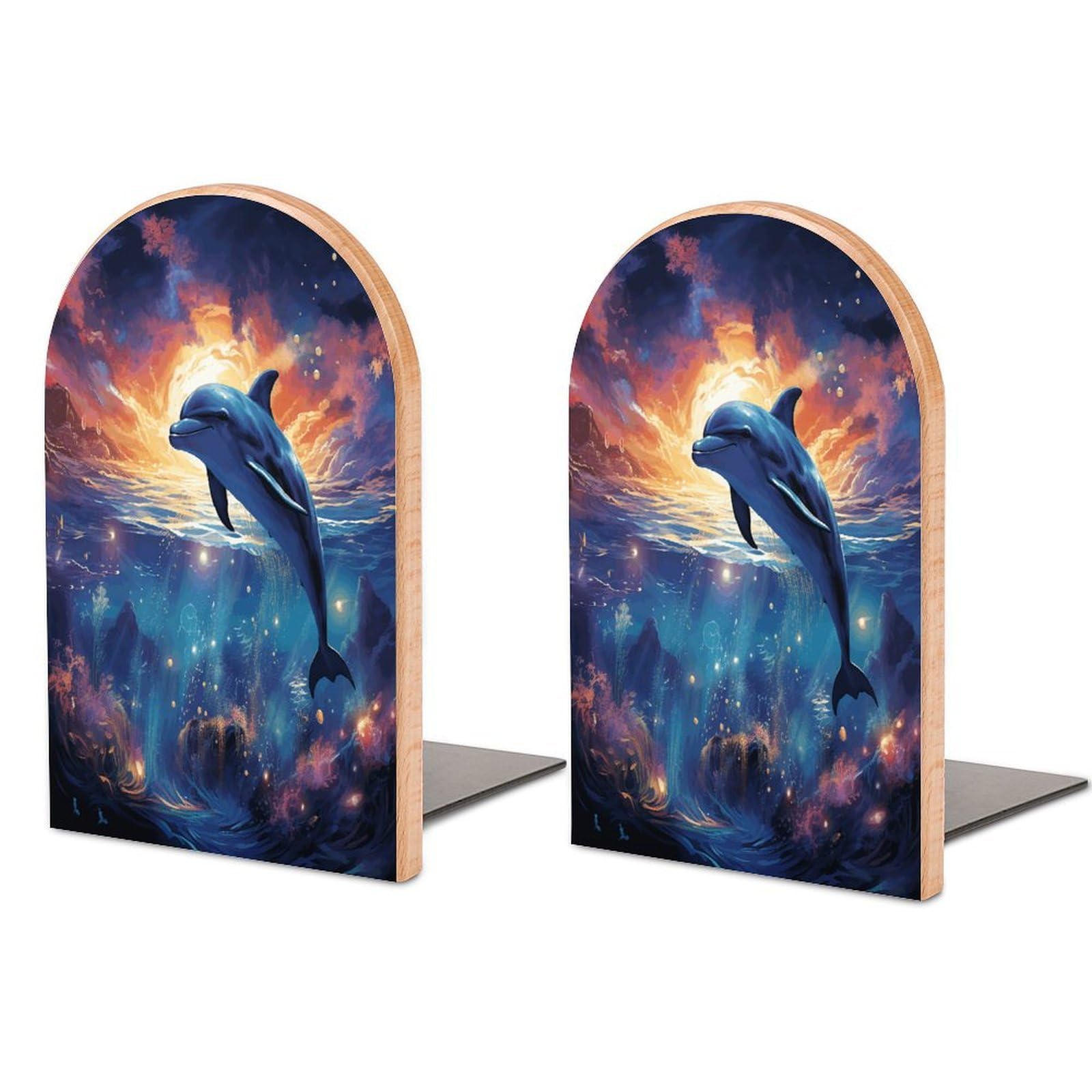 Colorful Starry Sky Ocean Dolphin Bookend Wood Book End for Shelves Heavy Duty Non-Slip Wooden Bookend Support Universal Economy Bookends Fancy Modern Decorative Book Accessories 1 Pairs
