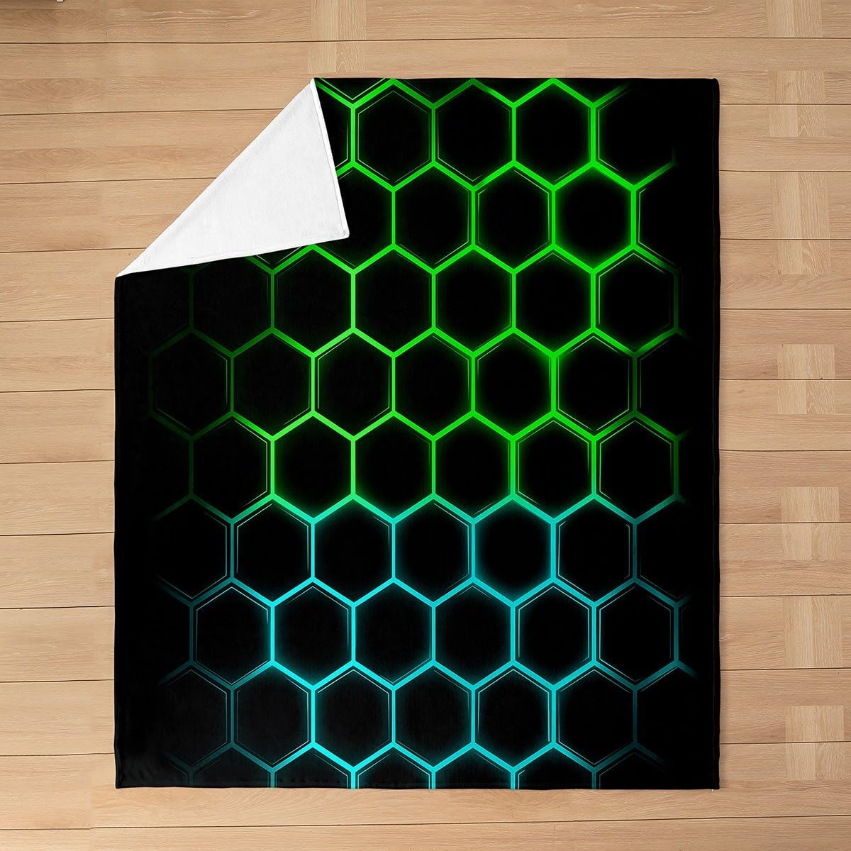Honeycomb Throw Blanket,Geometric Hexagon Bed Blanket for Kids Teens Girls Boys Game Room Decor,Neon Watercolor Fuzzy Blanket Abstract Modern Black Flannel Blanket(Twin 60"x80"),Green Blue