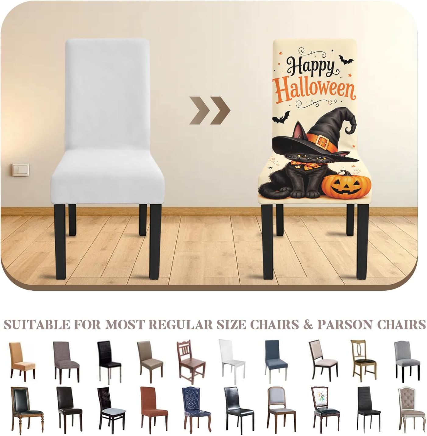 Halloween Cat Dining Chair Covers Set of 4, Witch Hat Slipcovers